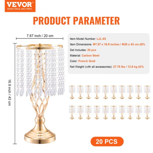 VEVOR 20PCS 43cm/16.9” Tall Crystal Wedding Flower Stand Vase for Party Decor