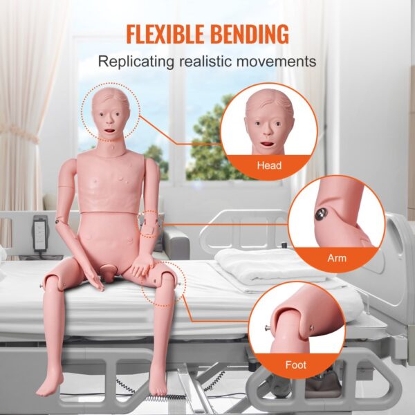 VEVOR nursing training manikin showing flexible bending, head, arm, and foot articulation on a hospital bed.