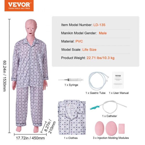 VEVOR nursing training manikin with clothes, syringe, gastric tube, catheter, injection molding modules, and user manual.