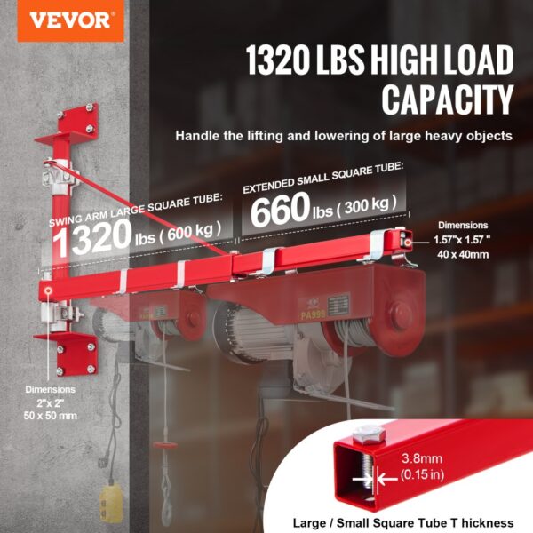 VEVOR electric hoist arm with 1320 lbs load capacity, dimensions shown, and detailed tube specs.