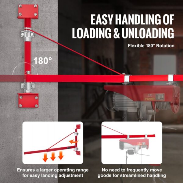 VEVOR electric hoist arm with flexible 180° rotation for easy handling of loading and unloading.