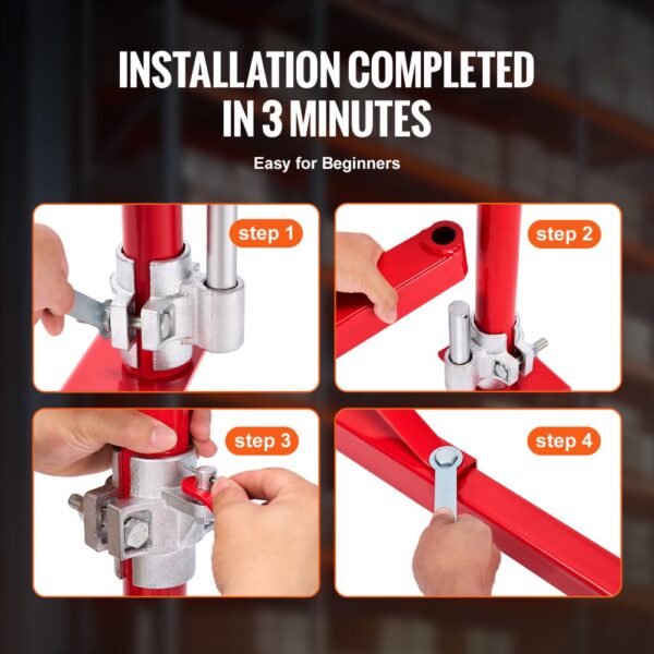 installation steps for the VEVOR electric hoist arm: attach components and fasten bolts in four easy steps.