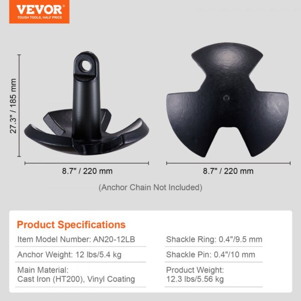 VEVOR river anchor, 12 lbs, cast iron with vinyl coating, dimensions 8.7"x8.7"x27.3".
