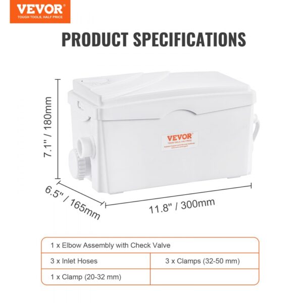 VEVOR Macerator Disposal Pump Basement Macerator Pump 350 W, 6000 L/h Flow, 7 M Discharge Head, Wastewater Pump With 3 Water Inlets For Basement, Kitchen, Sink, Shower, Bathtub, Laundry Wastewater Disposal, Dishwasher