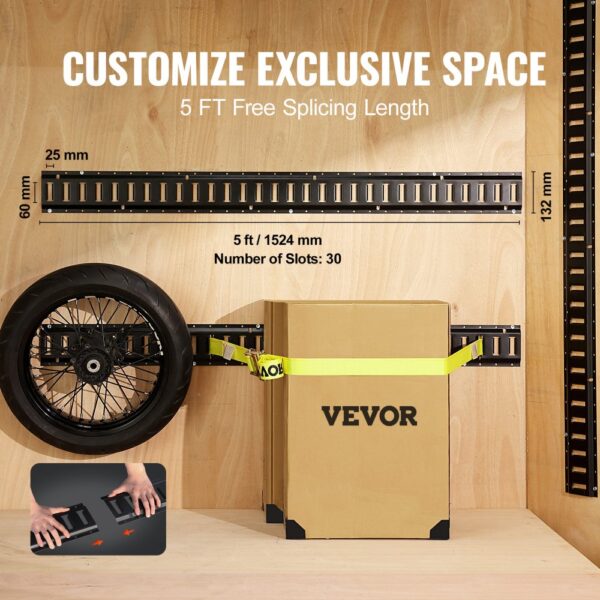 VEVOR e track tie down rail kit securing a tire and a box with adjustable yellow straps.