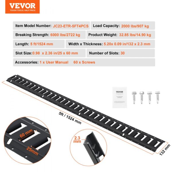 VEVOR e track tie down rail kit, 5ft length, 2000 lbs load capacity, includes screws and user manual.