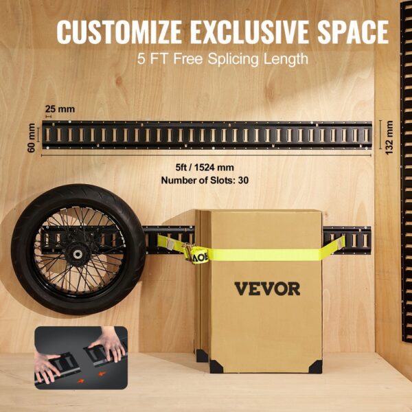 VEVOR e track tie-down kit showcasing wheel and box secured on wooden wall with measurements.