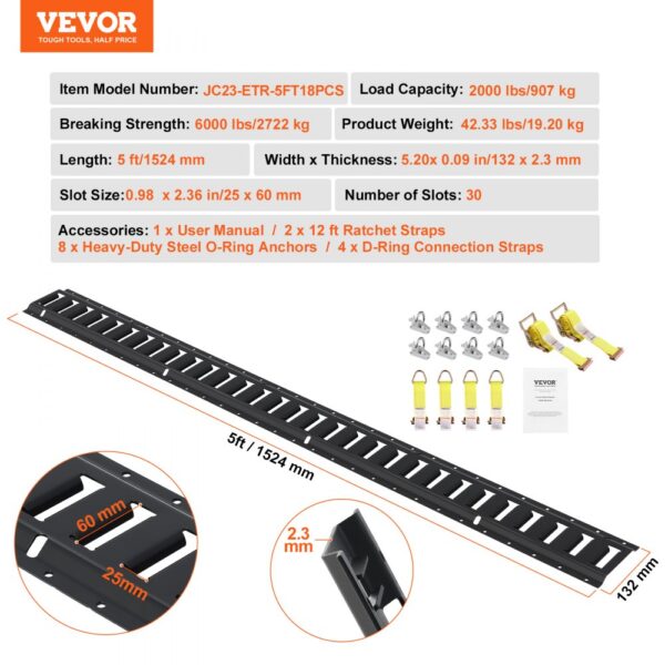 VEVOR e track tie-down kit: 5 ft track, 2000 lbs capacity, slots 0.98x2.36 in, with anchors, straps, and manual.