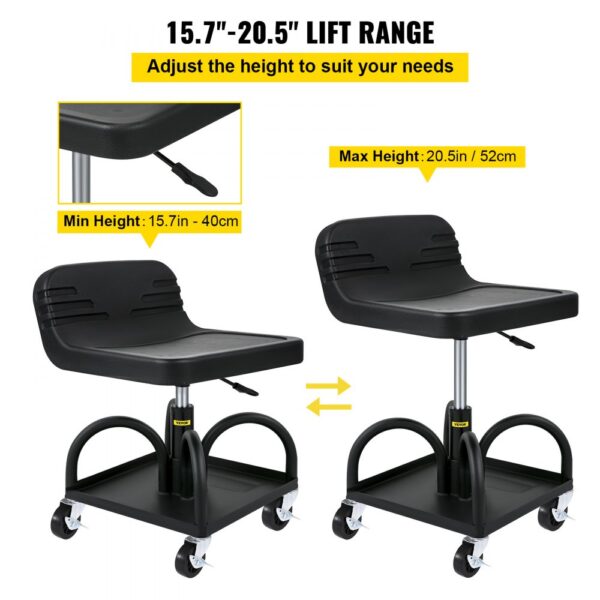 VEVOR rolling garage stool with height adjustment (15.7"-20.5") and caster wheels.