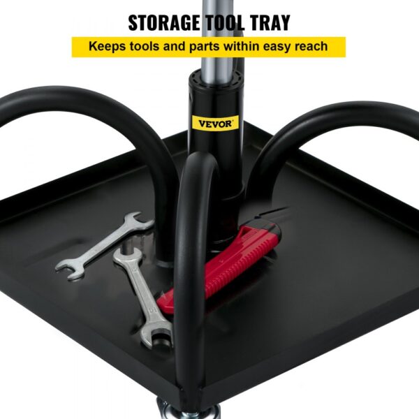 VEVOR rolling garage stool storage tray with wrenches and utility knife.