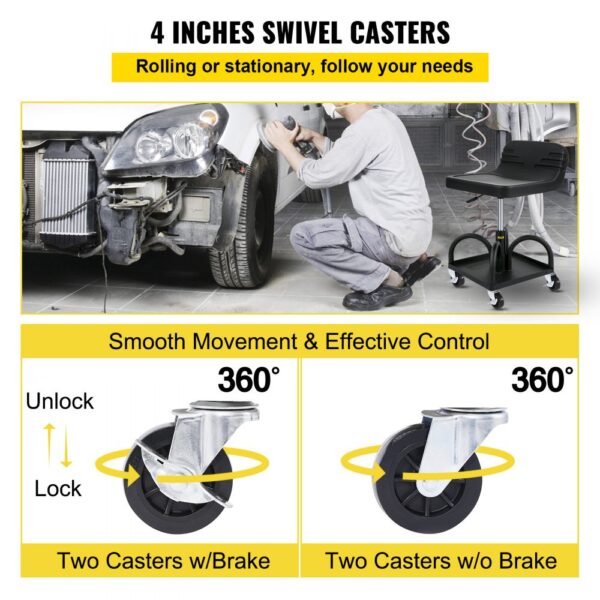 mechanic using VEVOR rolling garage stool with 4-inch swivel casters and brakes.