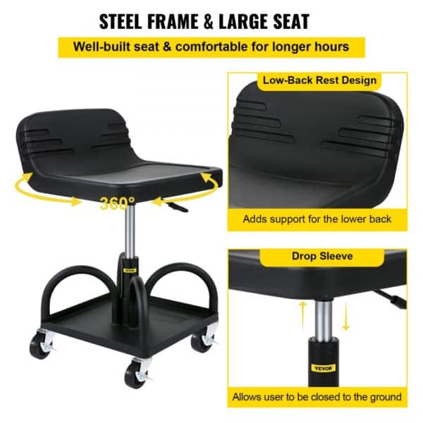 VEVOR rolling garage stool with 360° swivel seat and low-back rest design.