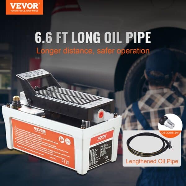 VEVOR air hydraulic pump with 6.6 ft oil pipe for longer, safer operation in automotive settings.