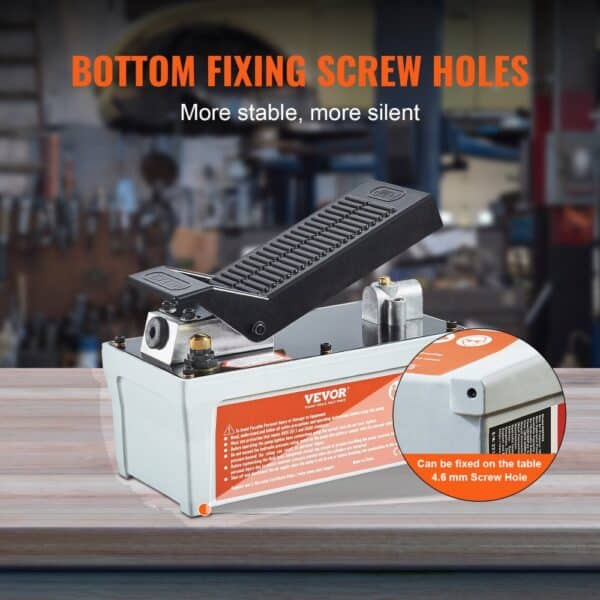 VEVOR air hydraulic pump with bottom fixing screw holes for enhanced stability and silence in a workshop.
