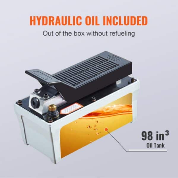 VEVOR air hydraulic pump with included hydraulic oil and 98 in³ oil tank.
