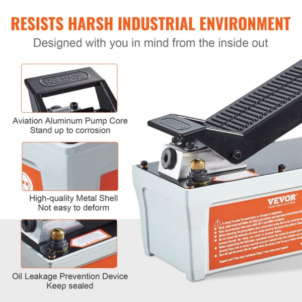 VEVOR air hydraulic pump, corrosion-resistant aluminum core, durable metal shell, oil leakage prevention.