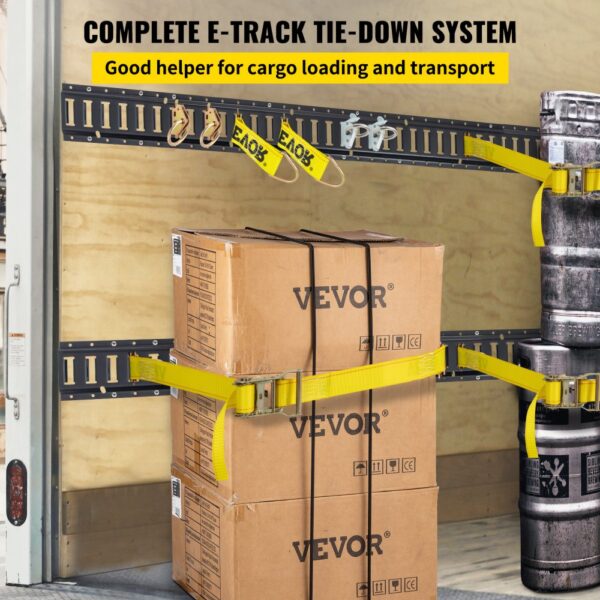 VEVOR e track tie-down kit securing cardboard boxes and barrels inside a trailer with yellow straps.