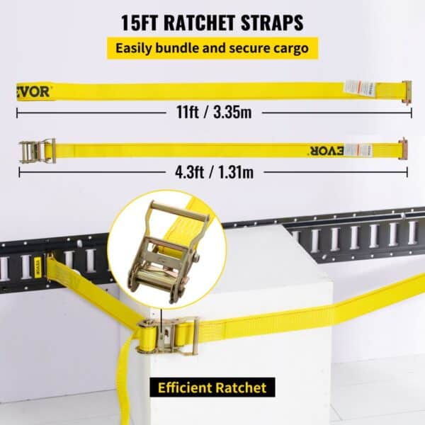 15ft ratchet straps showcasing VEVOR e track tie-down kit with efficient ratchet and cargo bundle.