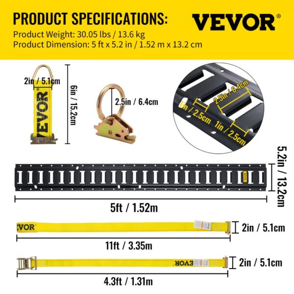 VEVOR specifications infographic, showing product dimensions and measurements.