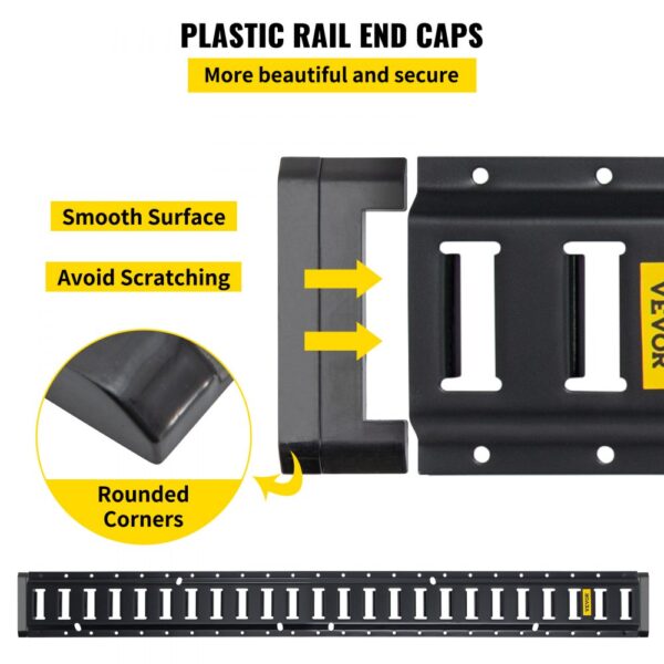 VEVOR e track tie-down kit features plastic rail end caps with smooth surfaces, avoiding scratches, and rounded corners.