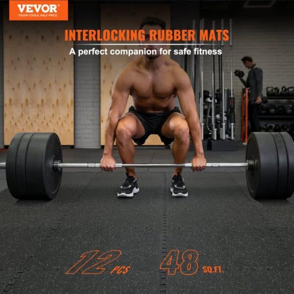 man lifting weights on VEVOR gym floor mats; 12 pcs covering 48 sq.ft. for safe fitness.