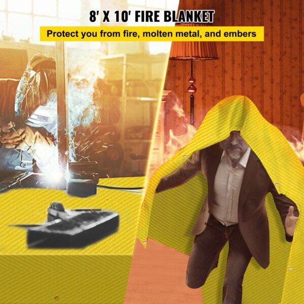 VEVOR welding blanket protecting from fire, molten metal, and embers, 8' x 10' size.