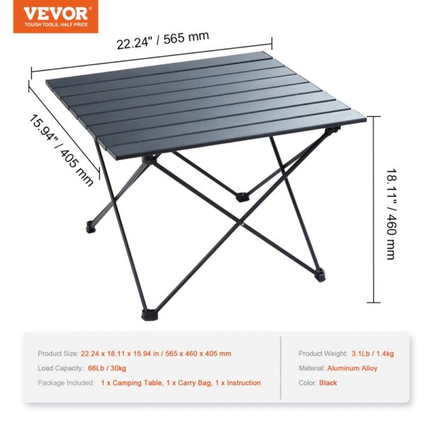 VEVOR Folding Camping Table, Outdoor Portable Side Tables, Lightweight Fold Up Table, Aluminum Alloy Ultra Compact Work Table with Carry Bag, For Cooking, Beach, Picnic, Travel, 22.2x15.9 inch, Black