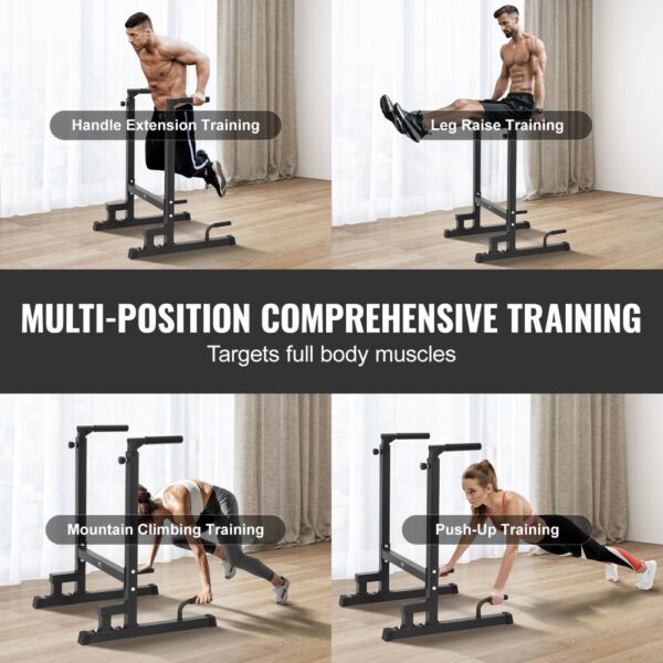 multi-position VEVOR dip bar showcasing handle extension, leg raise, mountain climbing, and push-up training.