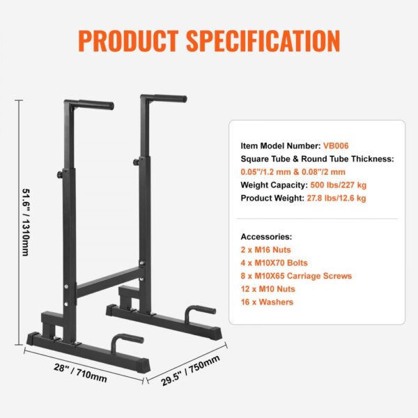 VEVOR dip bar with model vb006 specifications, dimensions, weight capacity of 500 lbs, and listed accessories.