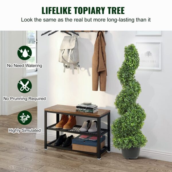 modern entryway with a VEVOR artificial boxwood topiary, coat stand, bench, and shoe storage.