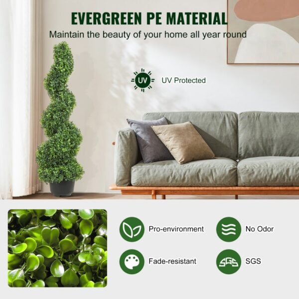 VEVOR artificial boxwood topiary by a green couch, highlighting pro-environment, fade-resistant, and no odor.