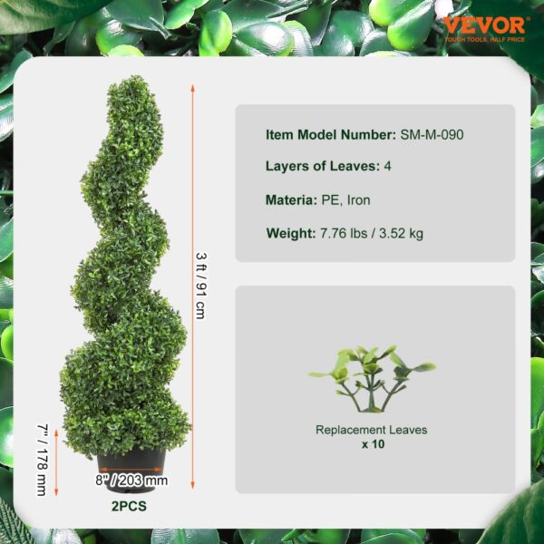 VEVOR artificial boxwood topiary, 3ft spiral shape, 4 layers of leaves, with replacement leaves, 2pcs