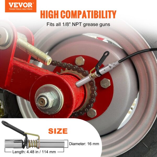 VEVOR grease gun coupler attached to red wheel mechanism, showcasing compatibility and size details.