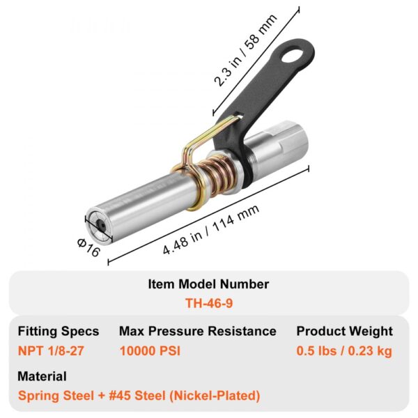 VEVOR grease gun coupler th-46-9, specs: npt 1/8-27, 10000 psi, spring steel, 4.48in x 2.3in dimensions.