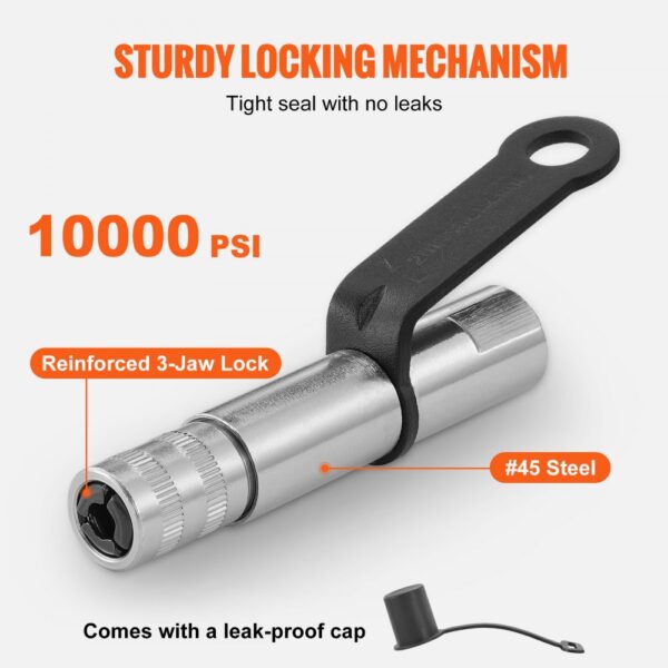 VEVOR grease gun coupler with reinforced 3-jaw lock, 10000 psi, and sturdy locking mechanism.