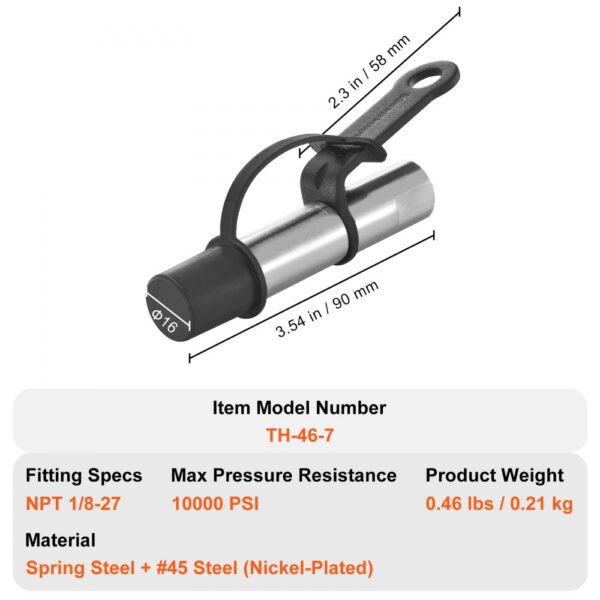 VEVOR grease gun coupler model th-46-7, dimensions 3.54 in x 2.3 in, 10000 psi pressure limit.