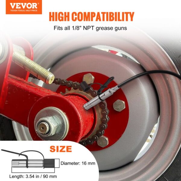 VEVOR grease gun coupler attached to red metal machinery part, showcasing high compatibility and size.