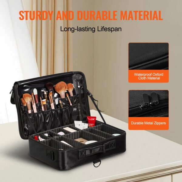 VEVOR makeup train case with sturdy waterproof oxford cloth, durable metal zippers, and organized compartments.