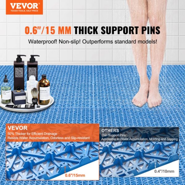 VEVOR interlocking drainage tiles with 0.6"/15mm thick support pins; non-slip and waterproof.