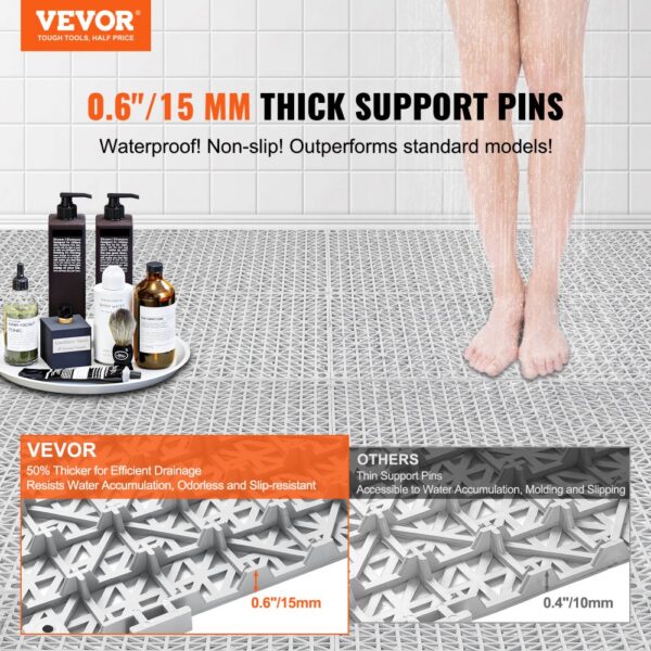 VEVOR drainage tiles in a shower, featuring 0.6"/15mm thick support pins, waterproof and non-slip.