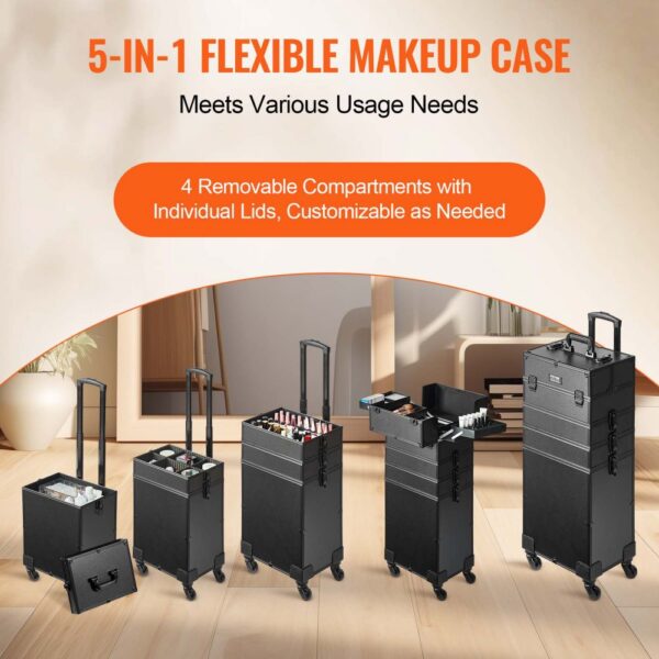 5-in-1 black makeup cases on wheels with removable compartments and customizable lids for various needs.