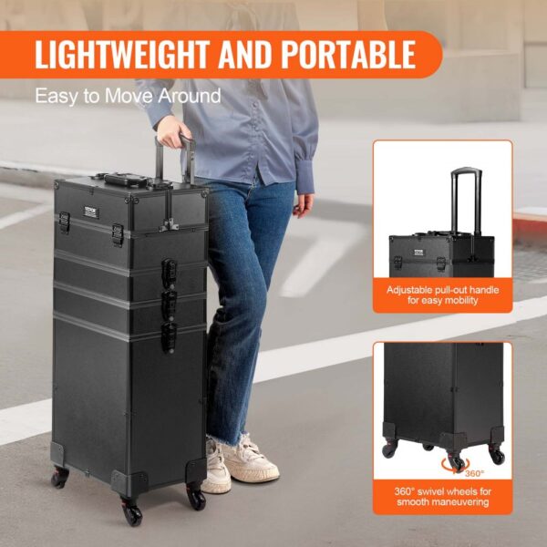 VEVOR makeup train case with adjustable handle and 360° swivel wheels for easy mobility. lightweight and portable.