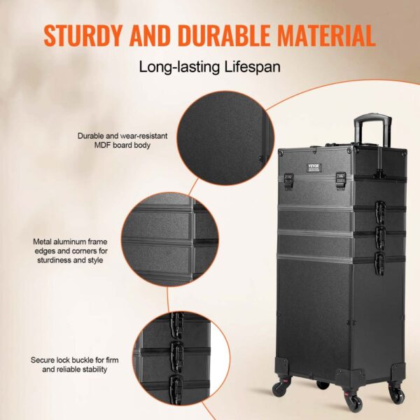 VEVOR makeup train case features durable mdf board, metal aluminum frame, and secure lock buckles.