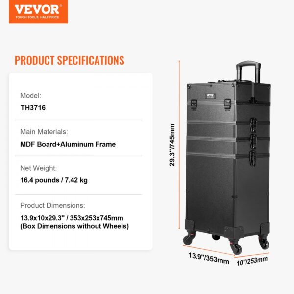 VEVOR makeup train case model th3716, mdf board with aluminum frame, 16.4 lbs, dimensions 13.9"x10"x29.3".