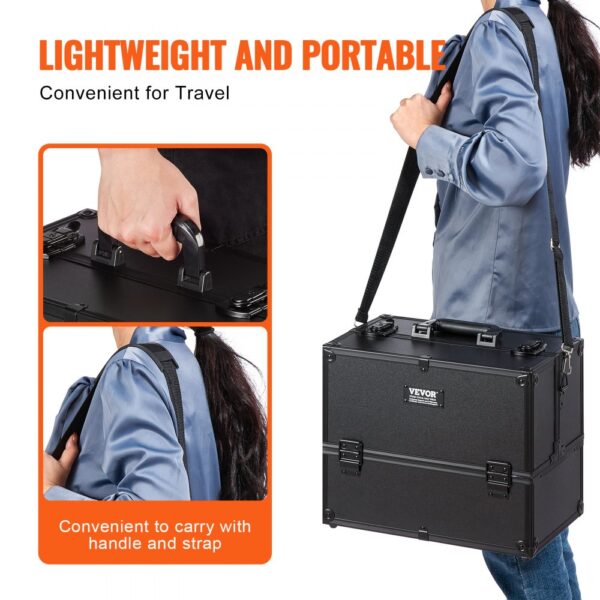 lightweight VEVOR makeup train case with handle and strap, showcasing portability for travel.