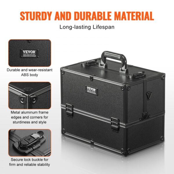 VEVOR makeup train case: sturdy abs body, metal aluminum frames, secure lock buckle, long-lasting lifespan.