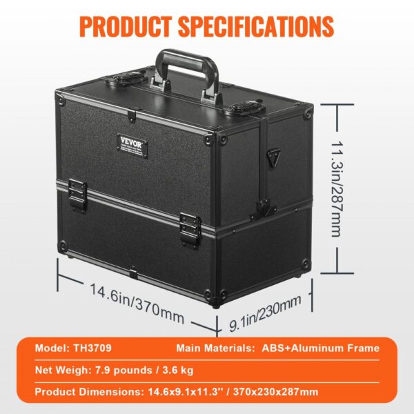 VEVOR makeup train case, black with aluminum frame, 14.6x9.1x11.3 inches, detailed product specifications.