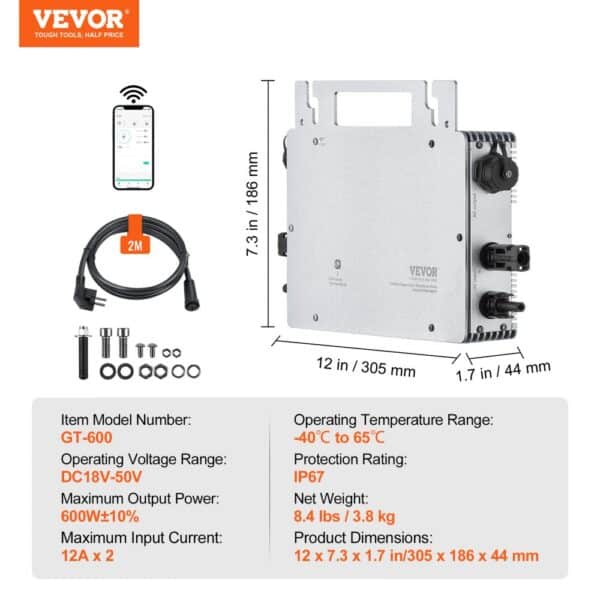VEVOR Solar Grid Tie Micro Inverter 600W Waterproof IP67, Solar Micro Inverter Remote Monitoring via App and WIFI