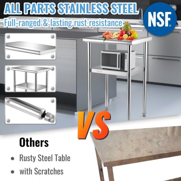 VEVOR stainless steel prep table featuring rust resistance compared to rusty, scratched steel table.