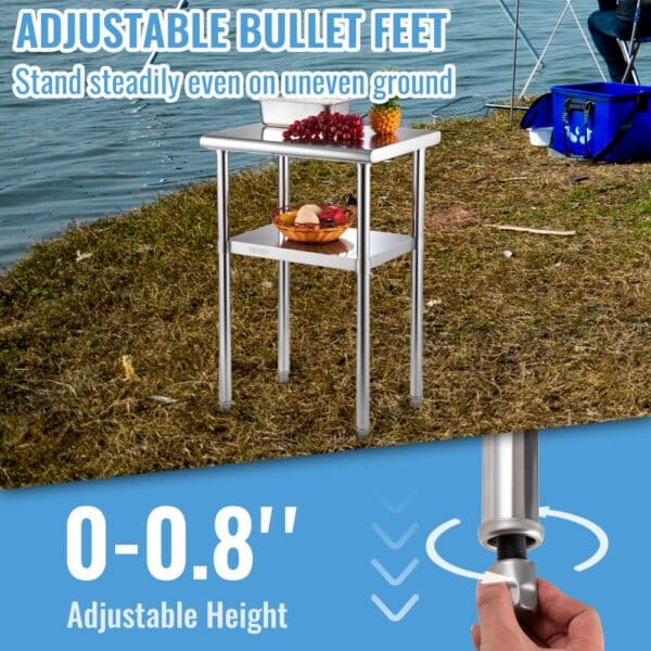 VEVOR stainless steel prep table with adjustable bullet feet, perfect for stable outdoor use.